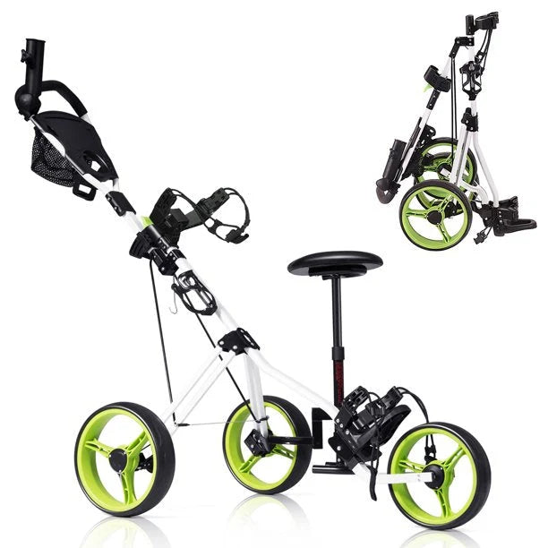 Costway Foldable 3 Wheel Push Pull Golf Club Cart Trolley w/Seat Scoreboard Bag Swivel