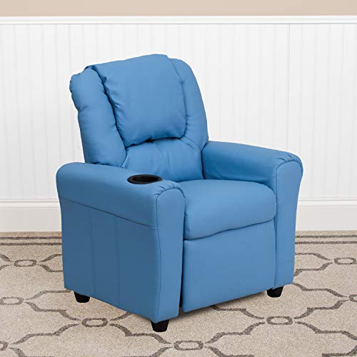 EMMA + OLIVER Beige Vinyl Kids Recliner with Cup Holder and Headrest