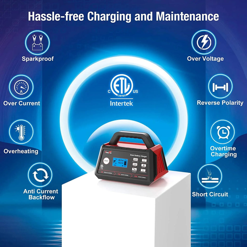 TowerTop 2/15/25A Battery Charger, 6V/12V Fully Automatic Smart Trickle Charger, Automotive Car Battery Maintainer for Lead-Acid and LiFePO4 Lithium Batteries