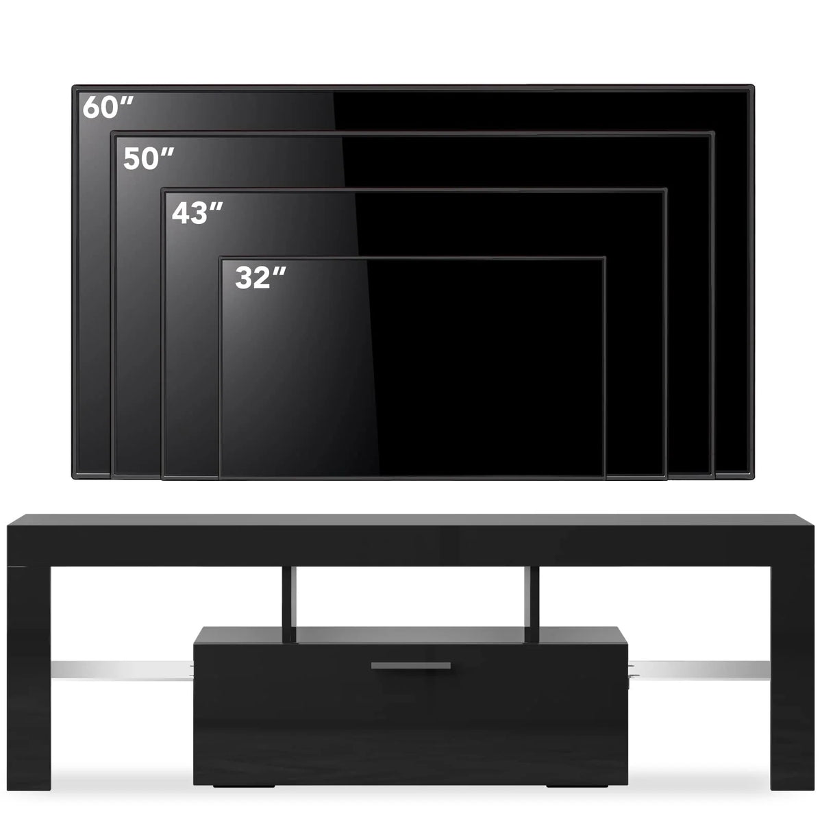 Entrintou Modern LED TV Stand for 32/40/50/55 inch TV, High Glossy Entertainment Center with LED Lights, Gaming Television Stands with Large Storage, Black Wood TV Console for Living Room, Bedroom