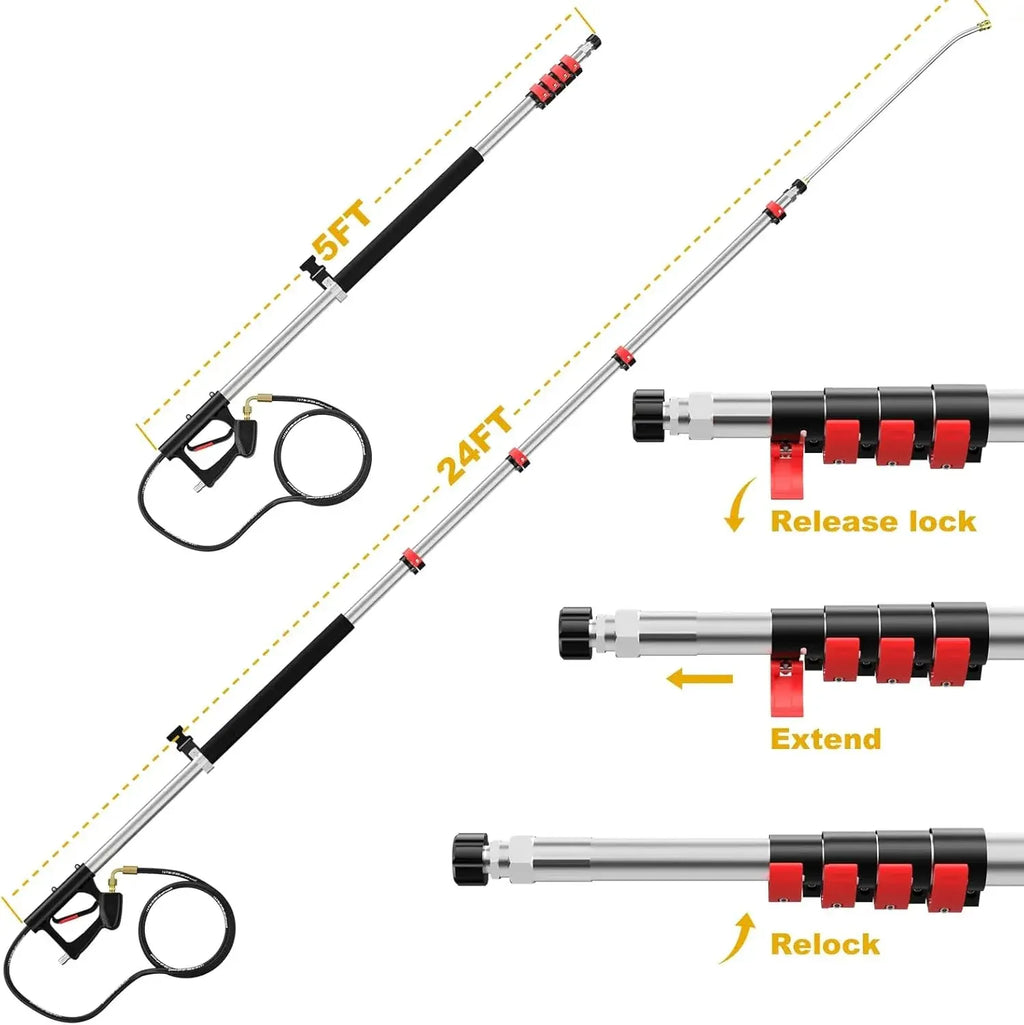 24 FT Pressure Washer Telescoping Wand, Pressure Washer Extension Wands, Professi Power Washer Gutter Cleaner with 5 Spray Nozzle Tips, 2 Hose Adapters and Support Belt (Silver, 24FT)