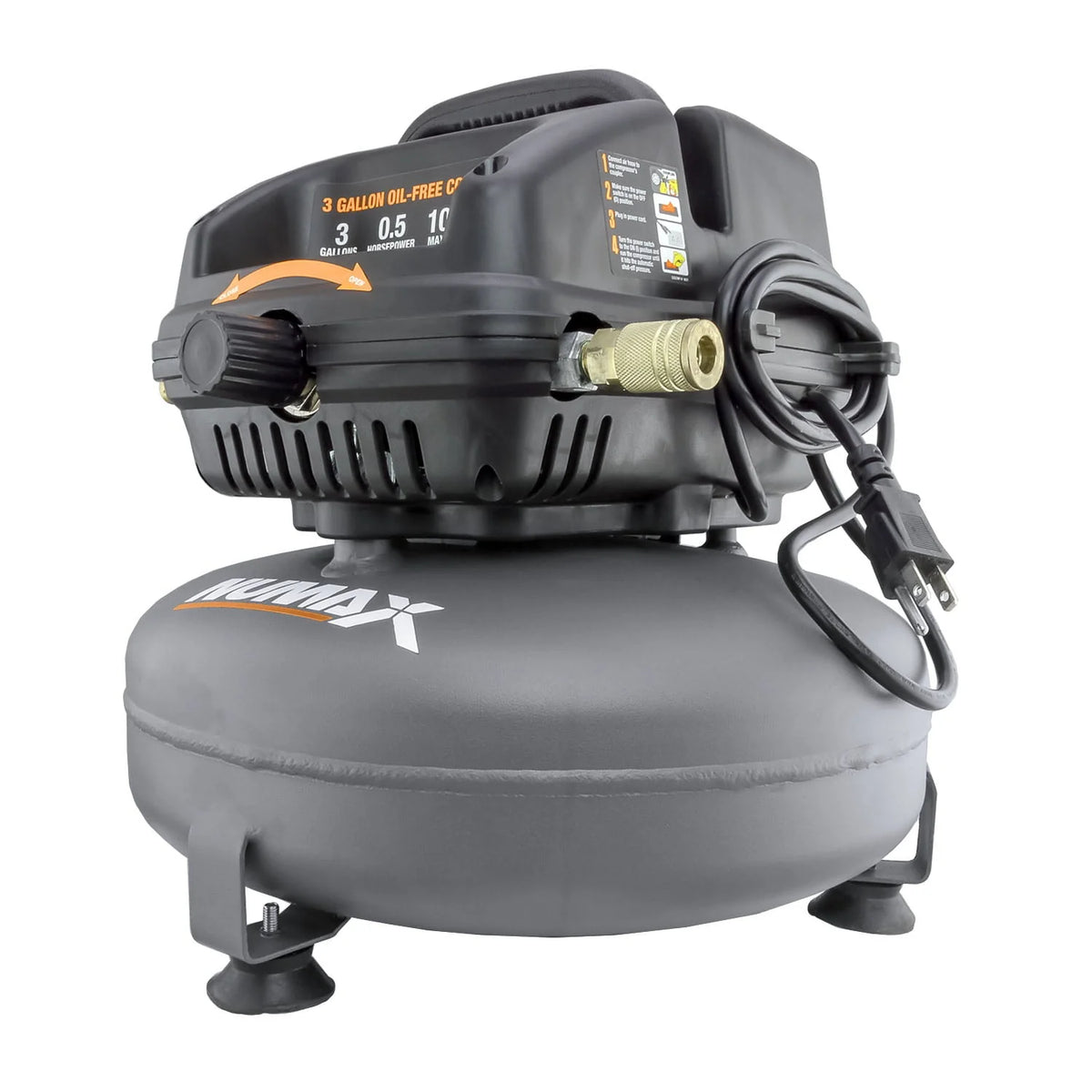 NuMax S3GI12CK 3 Gallon Oil-Free Air Compressor with Brad Nailer / Stapler, Air Hose, Inflation Kit & Fasteners