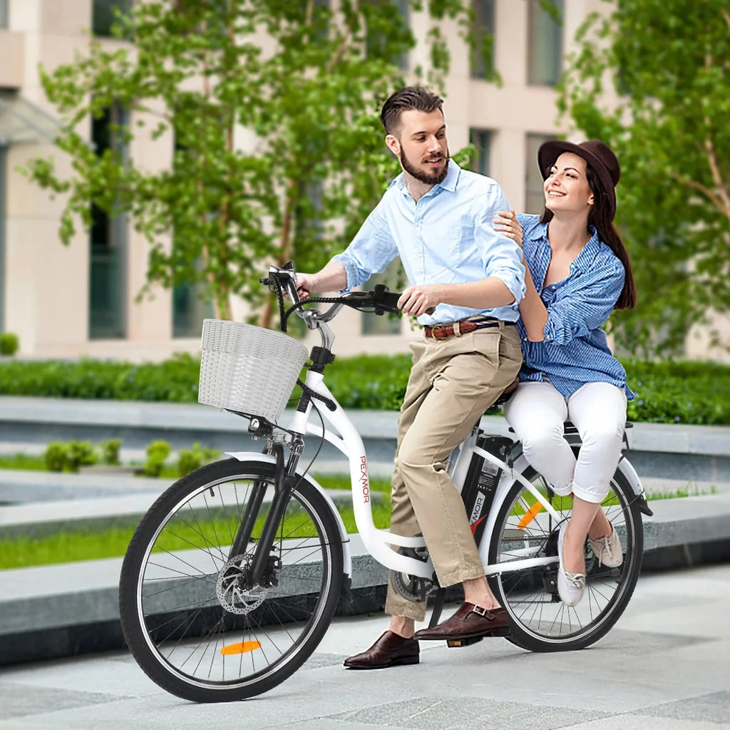PEXMOR Electric Bike for Adults, 350W (Peak 500W) City Commuter Ebike 36V 12.5AH Removable Battery, 26 Cruiser Electric Bicycle Shimano 6-Speed | Dual Shock Absorber | Basket