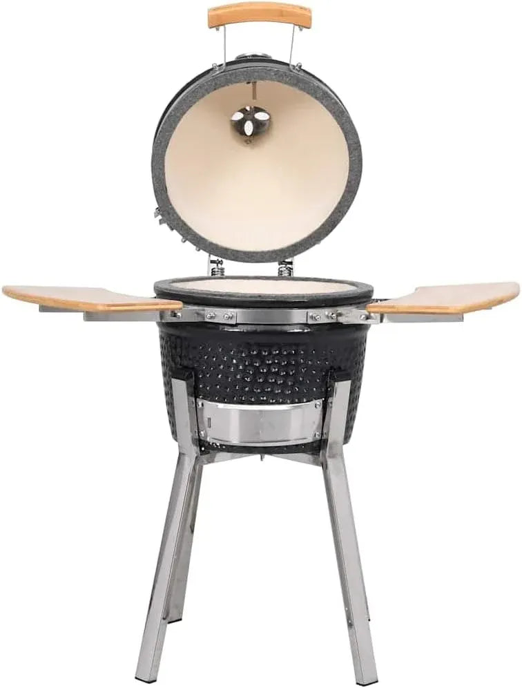 vidaXL Durable Ceramic Kamado Grill Smoker - Versatile 31.9 Charcoal/Wood-Fueled BBQ Grill with Built-in Thermometer and Hinged Lid, Foldable Side Shelves