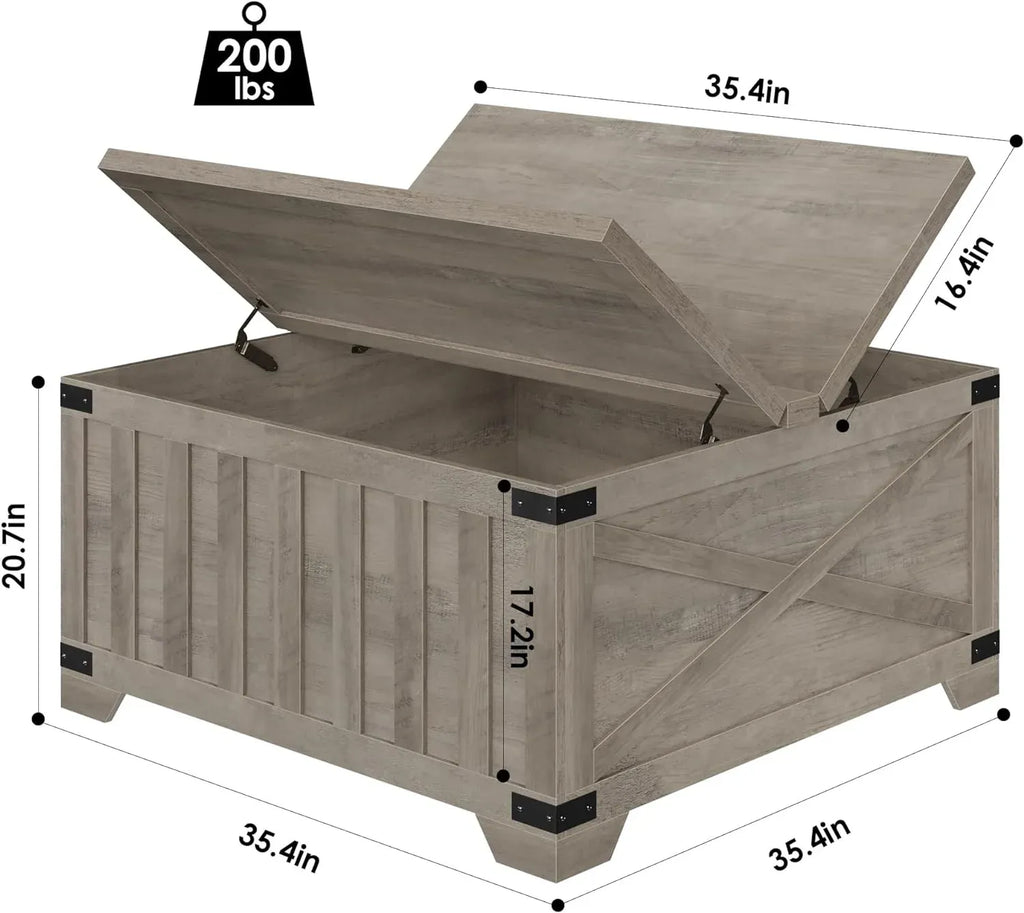 Farmhouse Coffee Table with Storage, Square Center Table with Hinged Lift Top