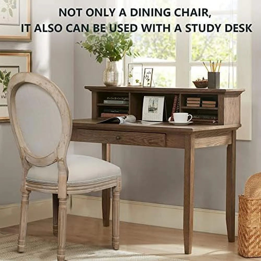 MQLIFEBOOM French Dining Chair Linen Fabric Upholstered Farmhouse Dining Chairs with Oval Backrest Vintage Solid Wood Dining Chairs for Kitchen Restaurant Dining Room
