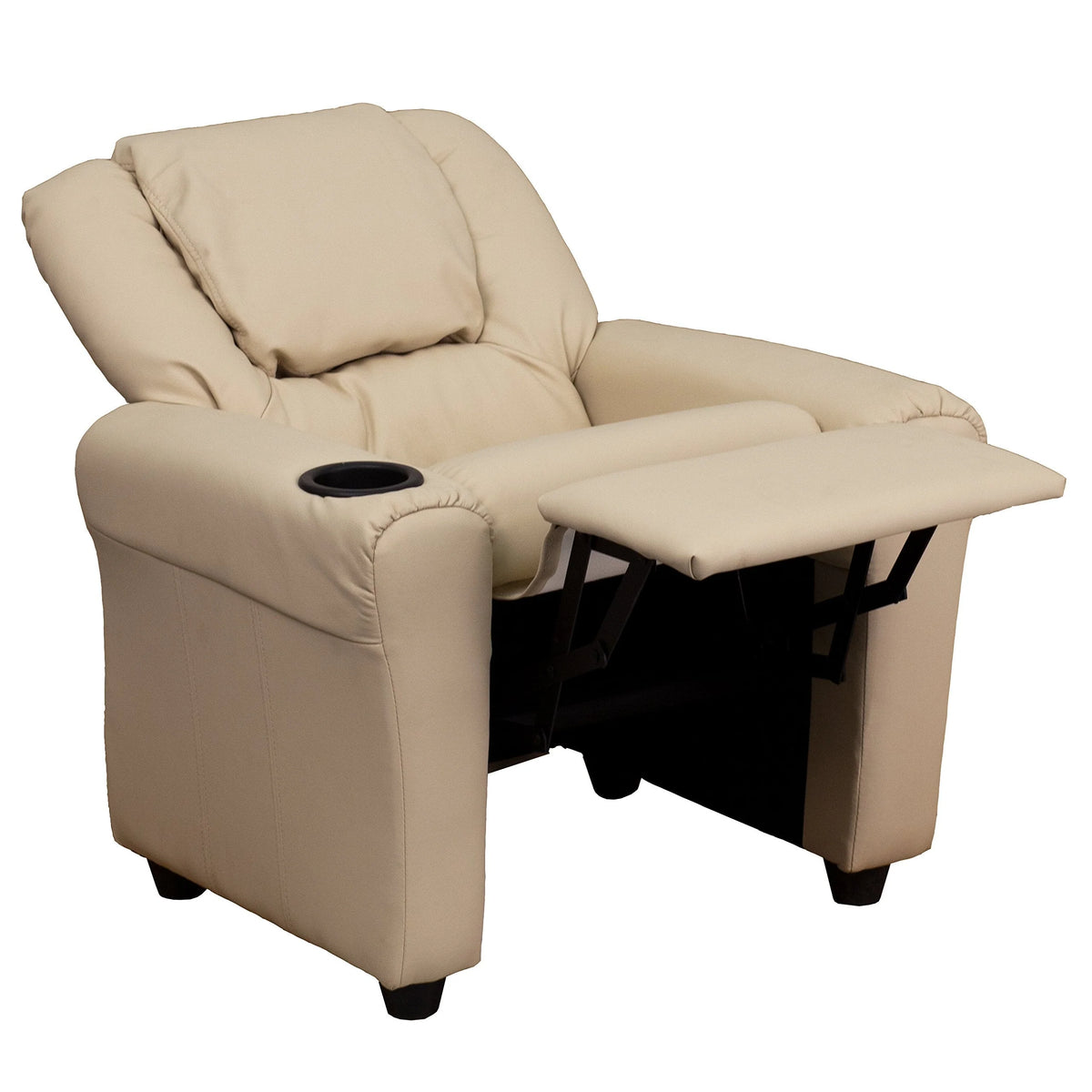 EMMA + OLIVER Beige Vinyl Kids Recliner with Cup Holder and Headrest