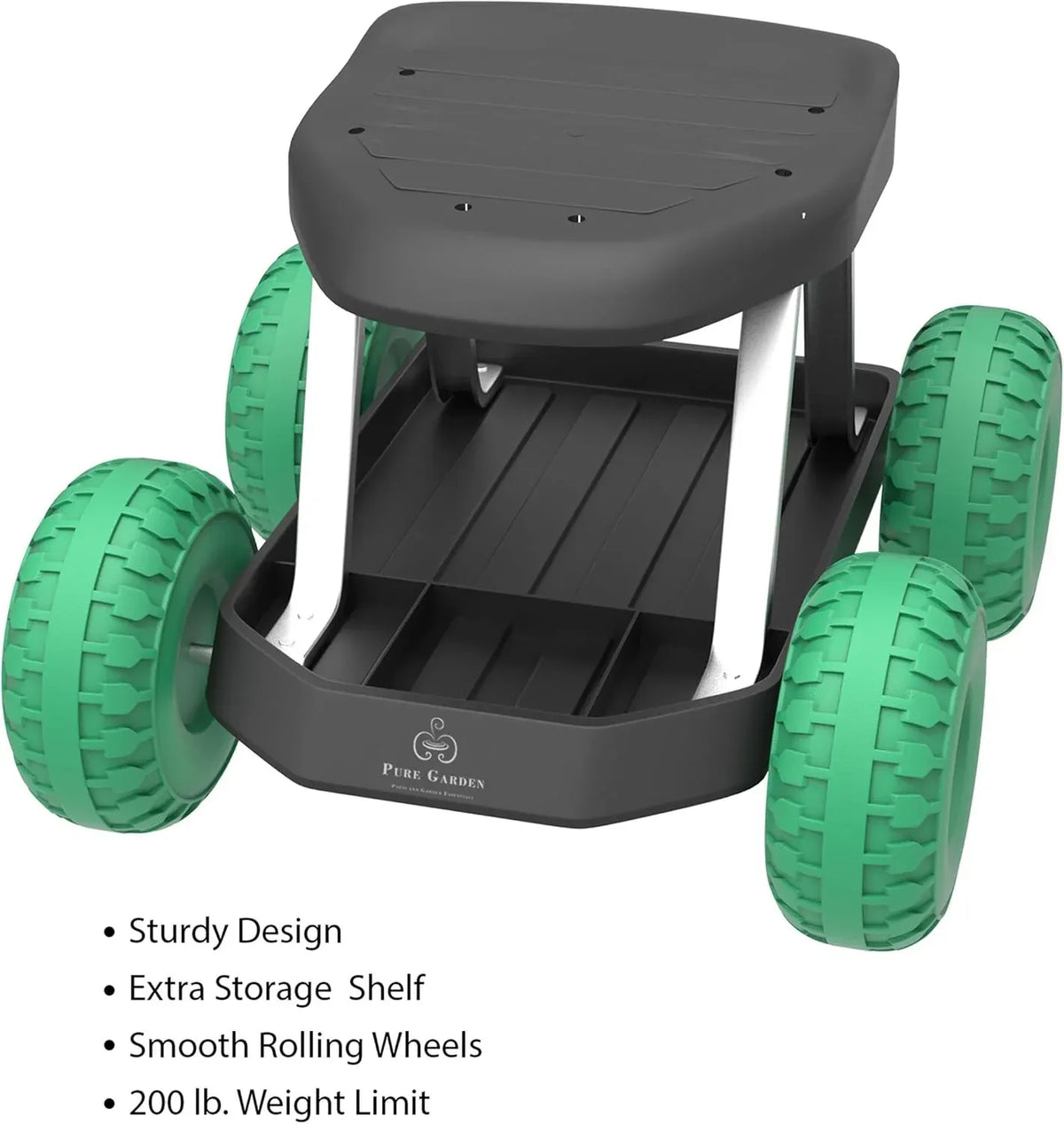 Pure Garden 82-VY021 Cart Rolling Stool with Wheels Seat, and Tool Tray for Weeding, Planting, or Lawn Care – Gardening Accessories and Supplies, 17.5x19, Green/Black