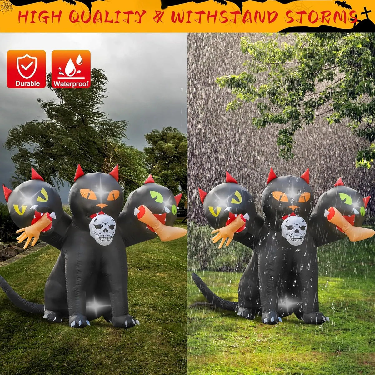 6.5 FT Halloween Inflatables Outdoor Black Cat with 3 Heads,Blow Up Yard Decoration with Magic Built-in LED Lights for Halloween Party Outdoor Yard Garden
