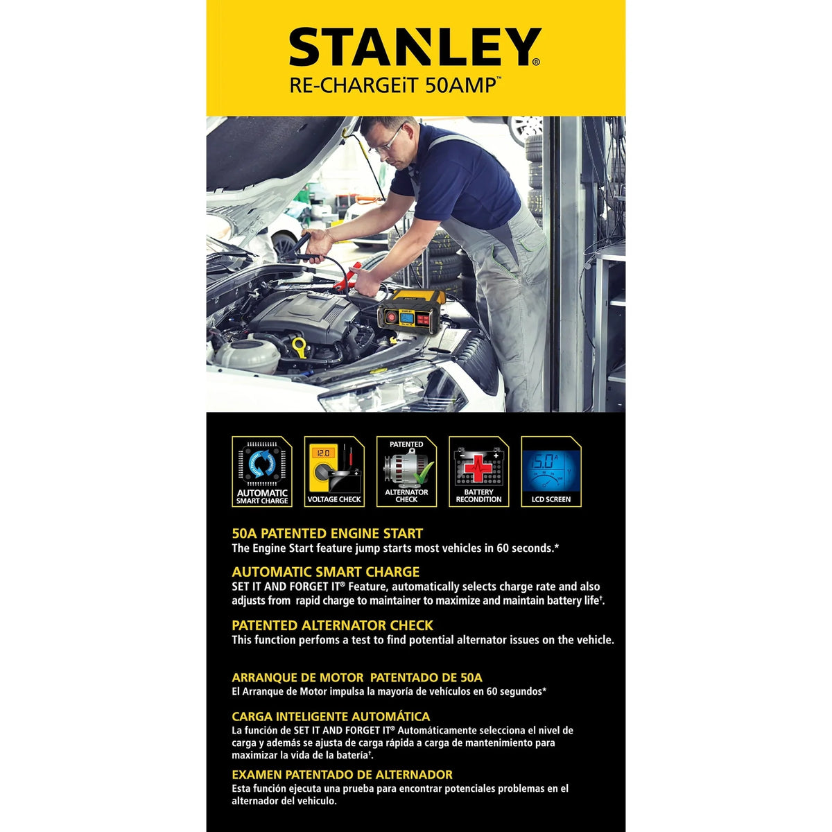 STANLEY 15 Amp Automotive Battery Charger with 50 Amp Engine Start (BC50BS) New