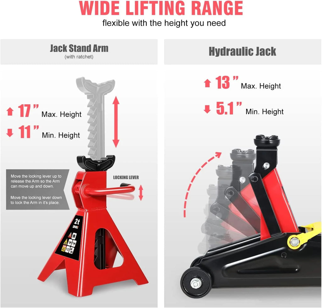 DNA Motoring TOOLS-00280 Low Profile Hydraulic Trolley Service/Floor Jack Combo with 2 Ratchet Jack Stands
