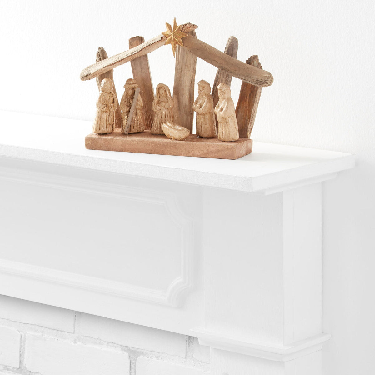 Nativity Creche Set with Driftwood Stable and Gold Washed Figures, Metal Star