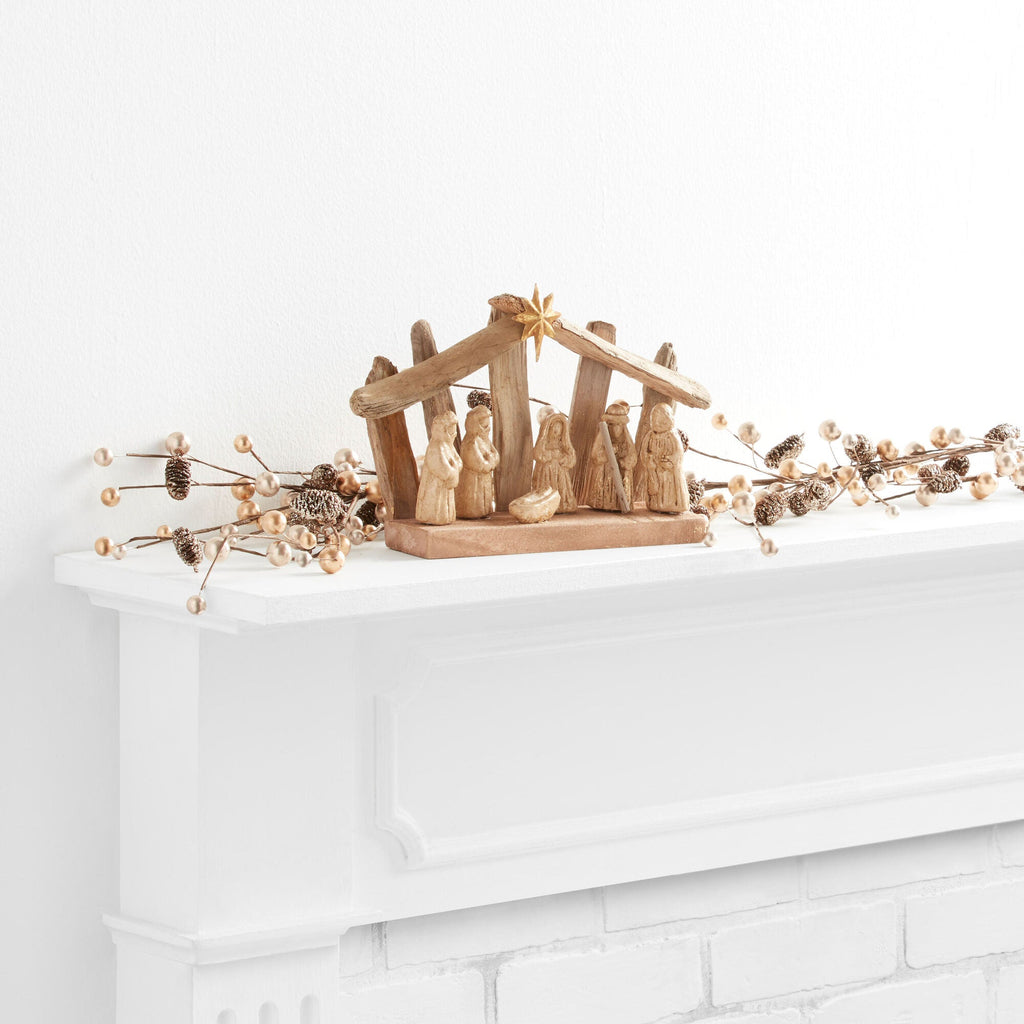 Nativity Creche Set with Driftwood Stable and Gold Washed Figures, Metal Star