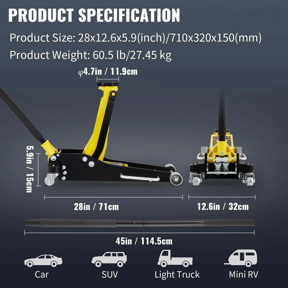 BENTISM Low Profile Floor Jack 2.5 Ton (5500 lbs), Aluminum and Steel Hydraulic Racing Floor Jack, Dual Piston Quick Lift Pump, 3-3/4-18-7/10 Height Lifting Range, Yellow+Black