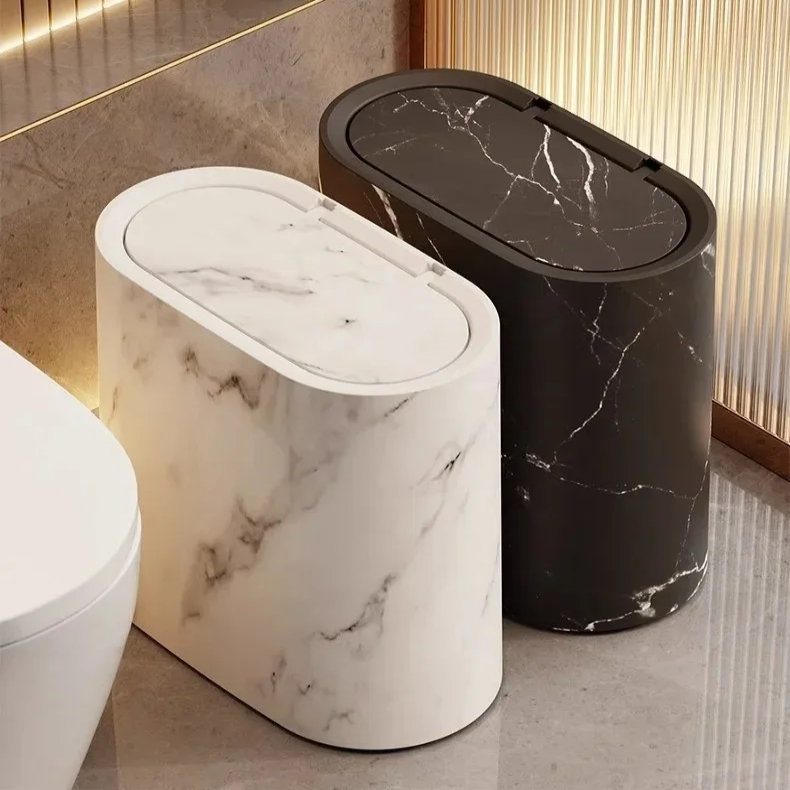 Push Top Trash Can with Marble Texture and Elliptical Corner  Shape