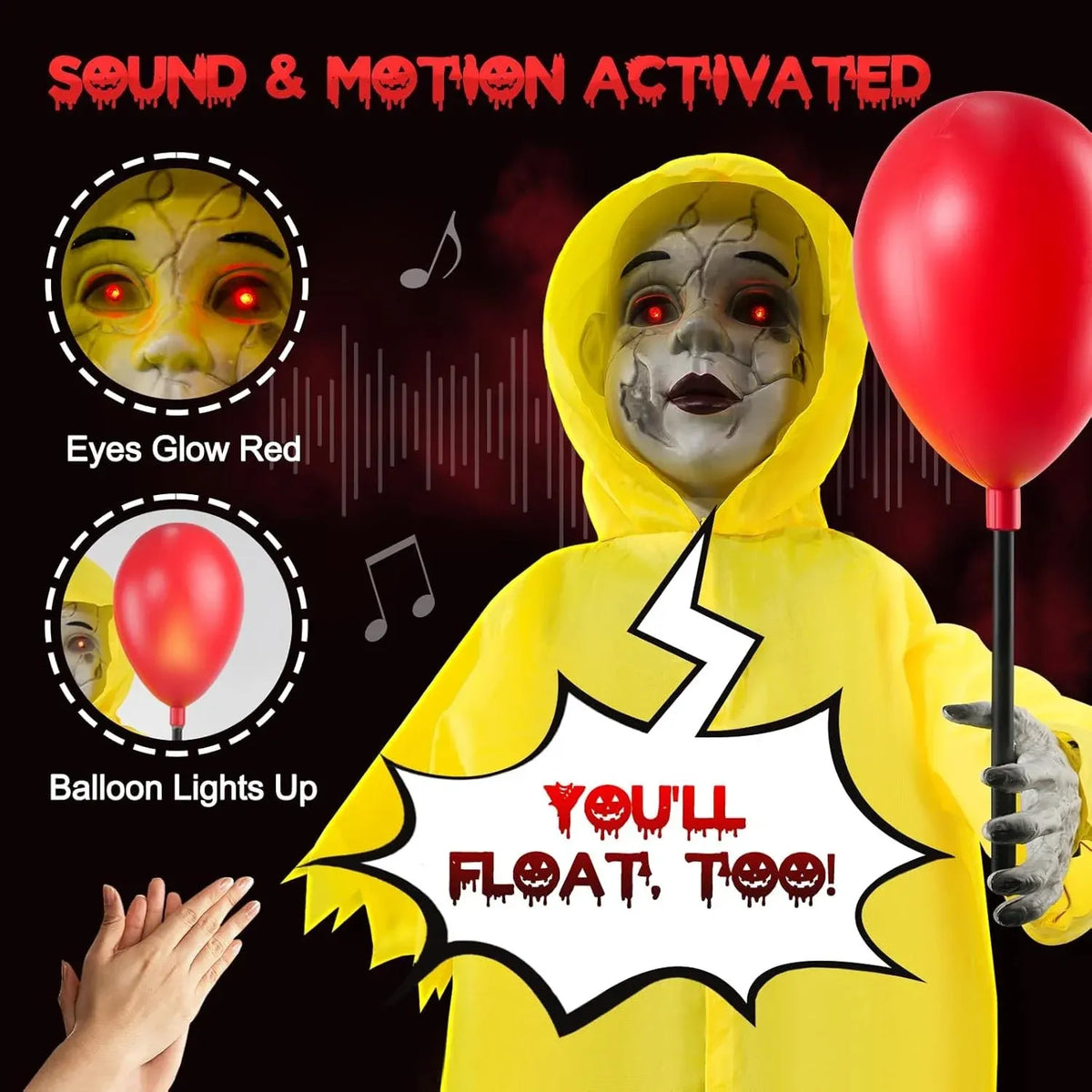 4FT Halloween Animated Prop with Sound Sensor Light Up Balloon Scary Indoor Deco