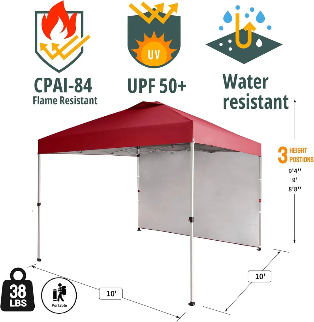 SHADES 10x10 Pop Up Canopy with 1 Side Wall - Beach Tent with One Push Setup - Outdoor Sun Shade for Events, Parties, Camping - Gazebo with STO-N-Go Cover Bag (Red)