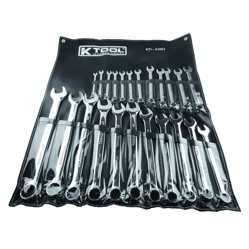 K Tool International 41803 Metric Combination Wrench Set for Garages, Repair Shops, and DIY, Chrome Plated, 12-point, Laser Engraved, Corrosion/Rust Resistant, 8-32mm Wrenches, 23-slot Sleeve