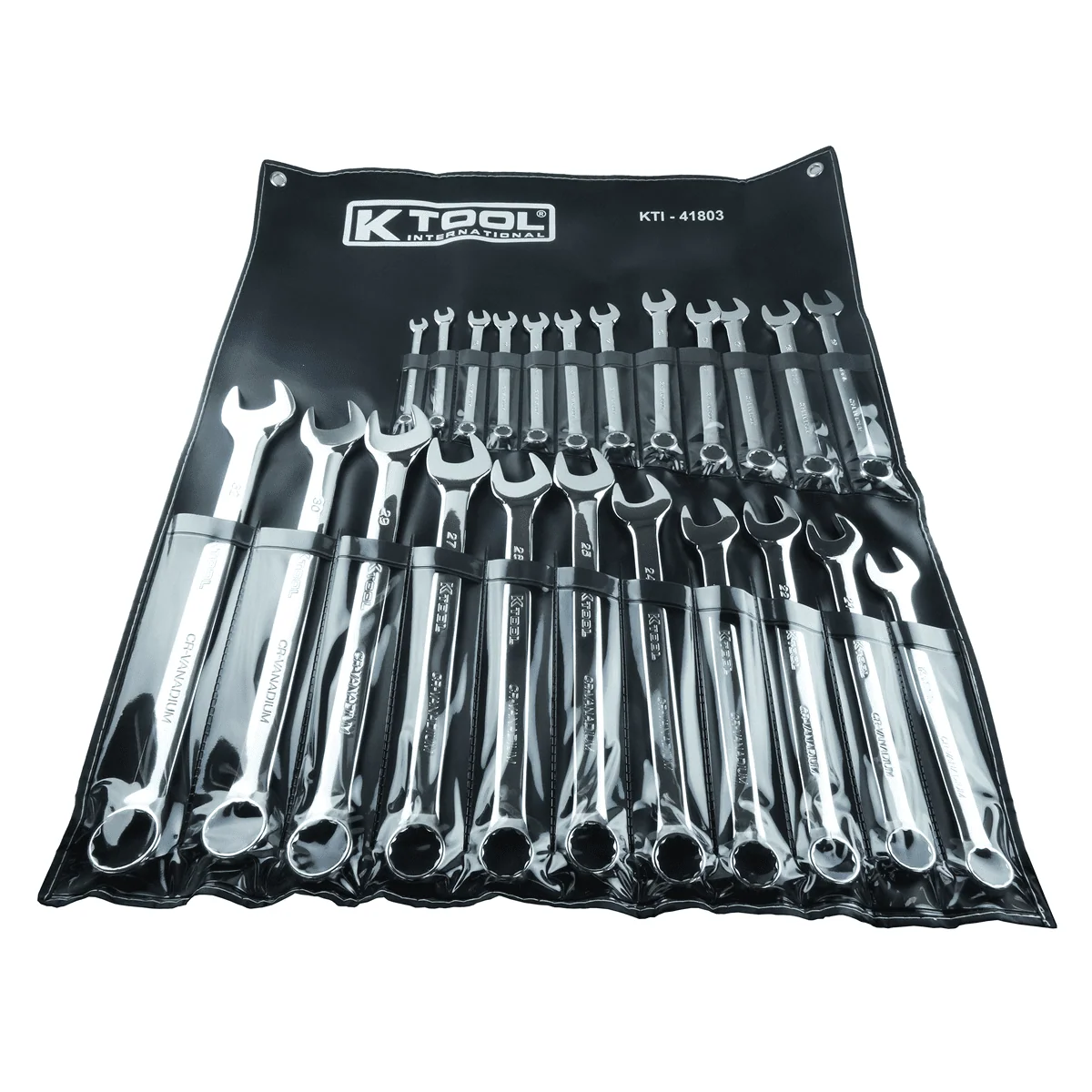 K Tool International 41803 Metric Combination Wrench Set for Garages, Repair Shops, and DIY, Chrome Plated, 12-point, Laser Engraved, Corrosion/Rust Resistant, 8-32mm Wrenches, 23-slot Sleeve