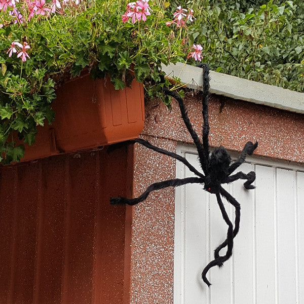 Poseable Spider Decoration with Red Eyes and Black Wool Body, 29.5 Inches