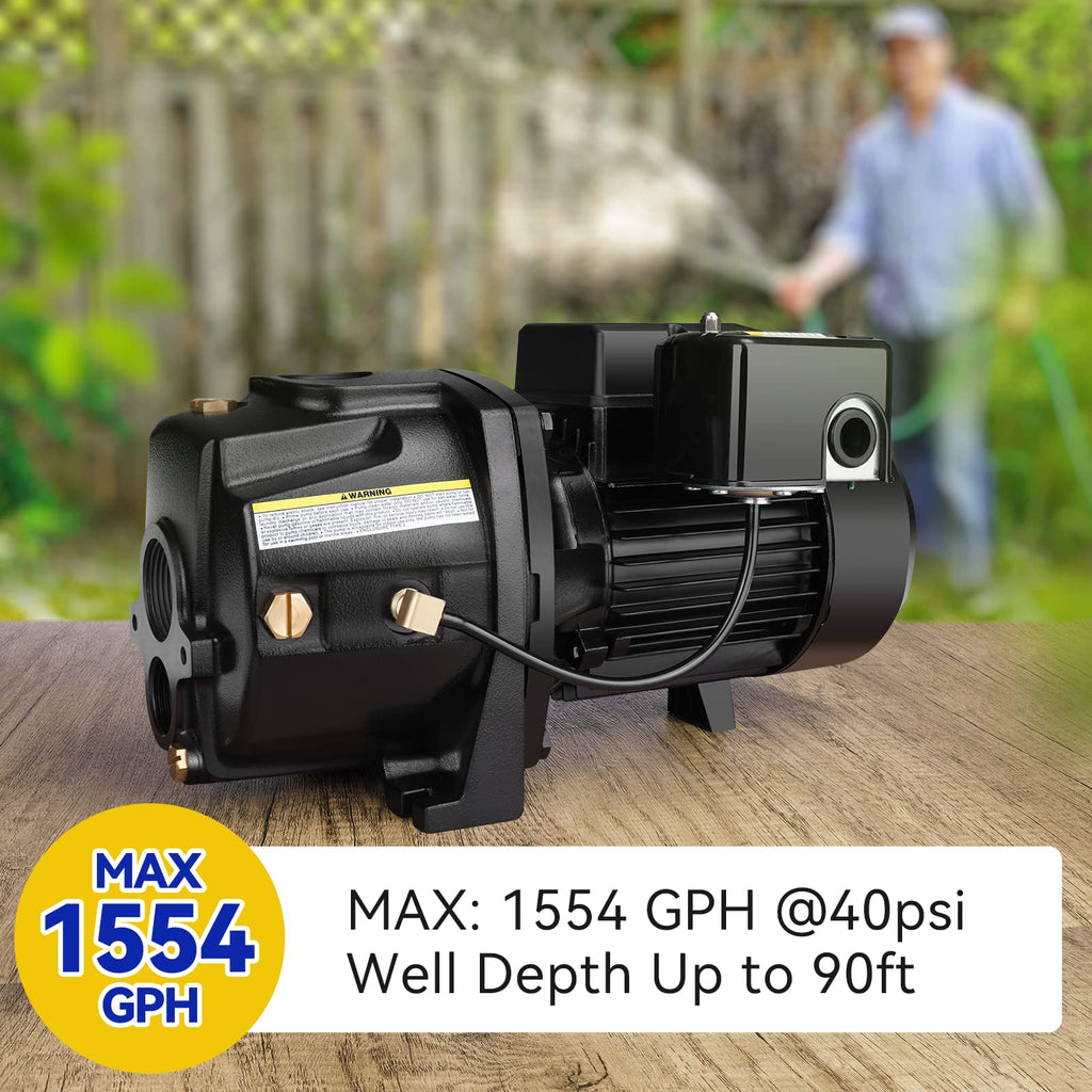 Acquaer 1HP Shallow/Deep Well Jet Pump, Cast Iron Convertible Pump with Ejector Kit, Well Depth Up to 25ft or 90ft, 115V/230V Dual Voltage, Automatic Pressure Switch