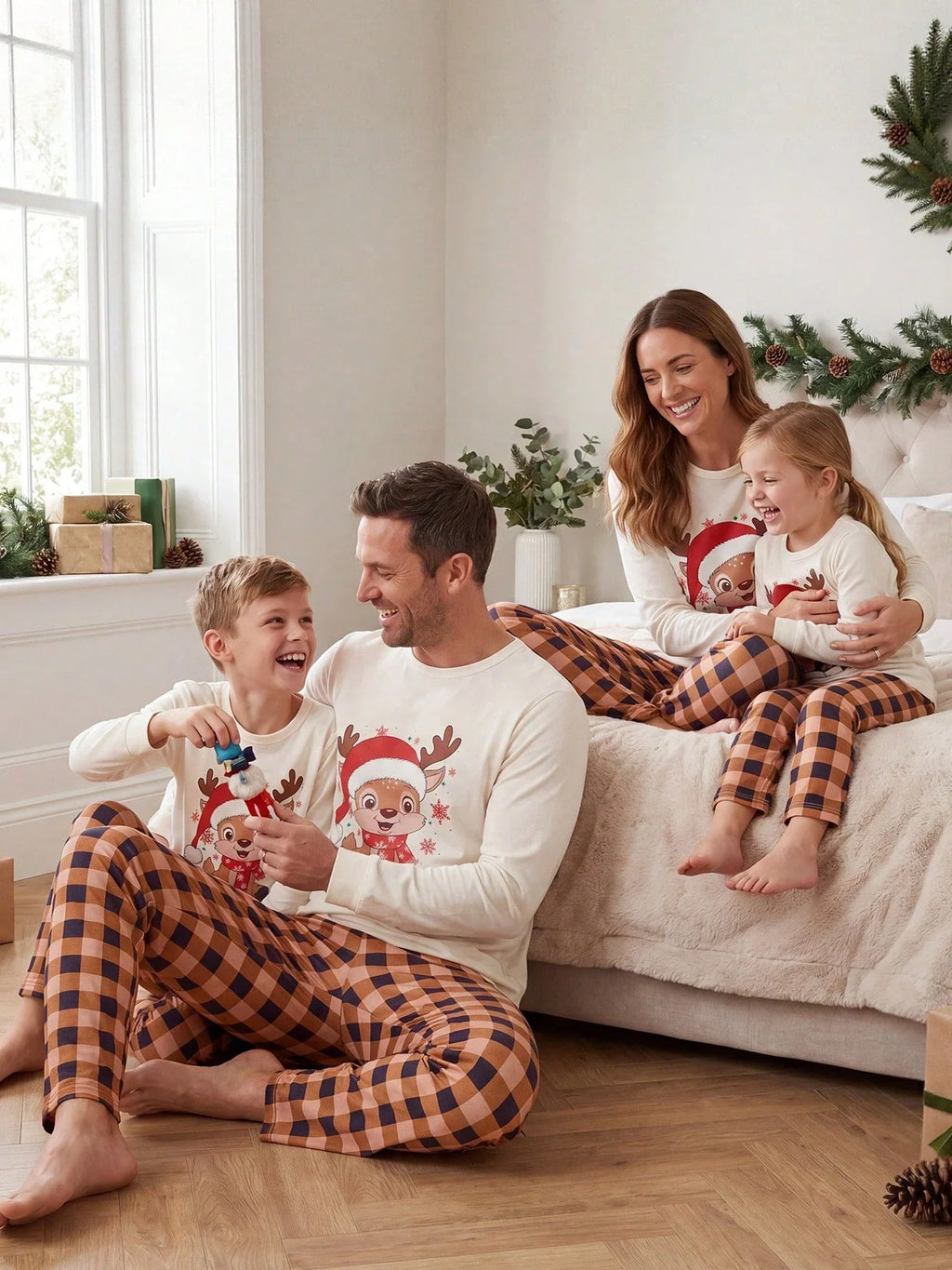 Plush Fuzzy Lounge Set with Christmas Pattern and Long Sleeves, Beige Pants
