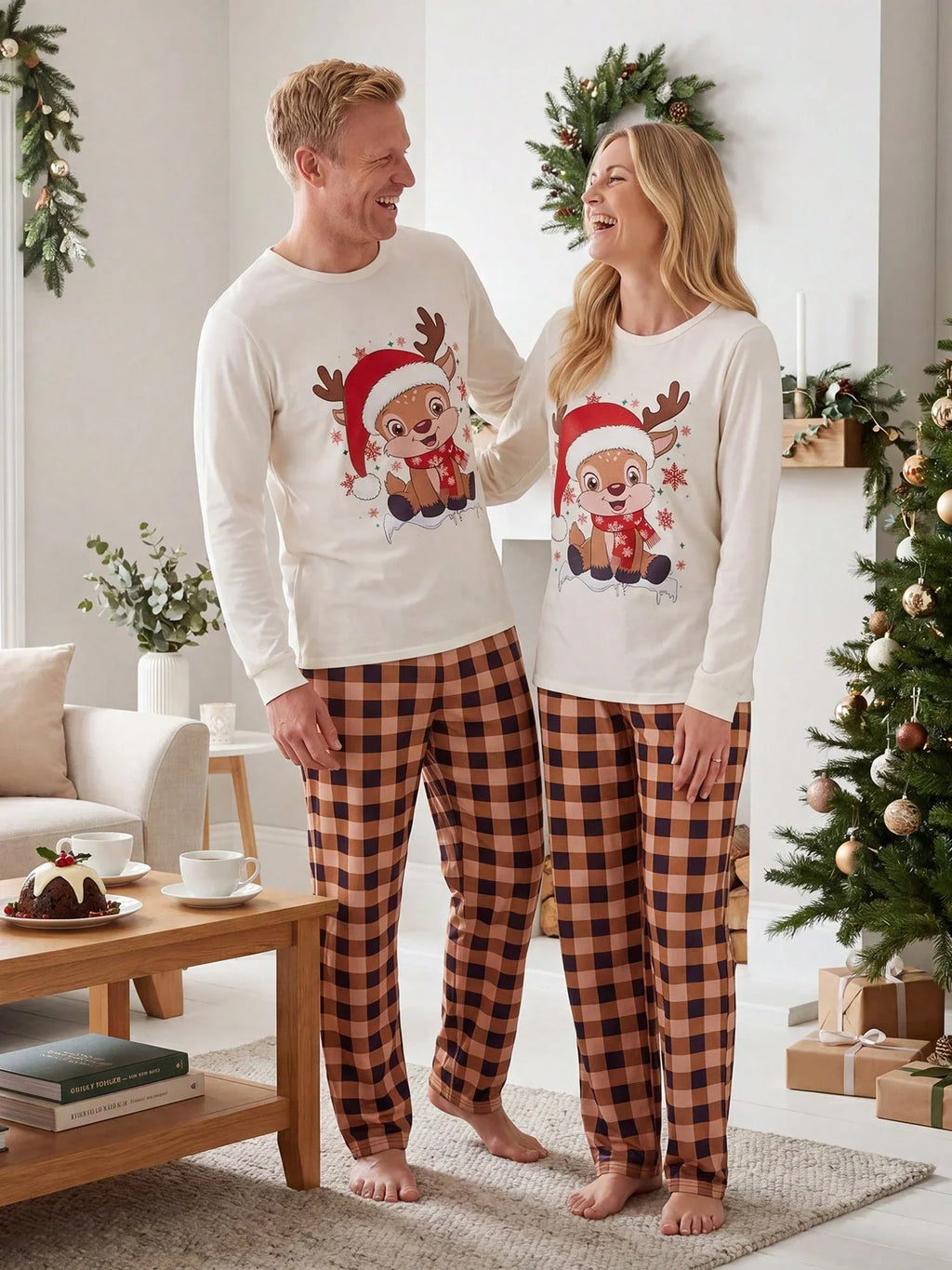 Plush Fuzzy Lounge Set with Christmas Pattern and Long Sleeves, Beige Pants