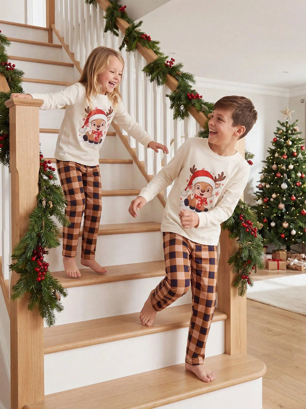 Plush Fuzzy Lounge Set with Christmas Pattern and Long Sleeves, Beige Pants