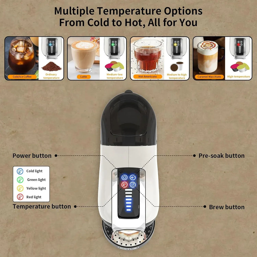 Hot&Cold brewing Single Serve Coffee Maker for K*eurig K*cup, Small Espresso Coffee Machine for D*olce G*usto/N*es Original/Ground Coffee/44mm ESE,Adjustable TEMP&Water Volume, 1L Water Tank