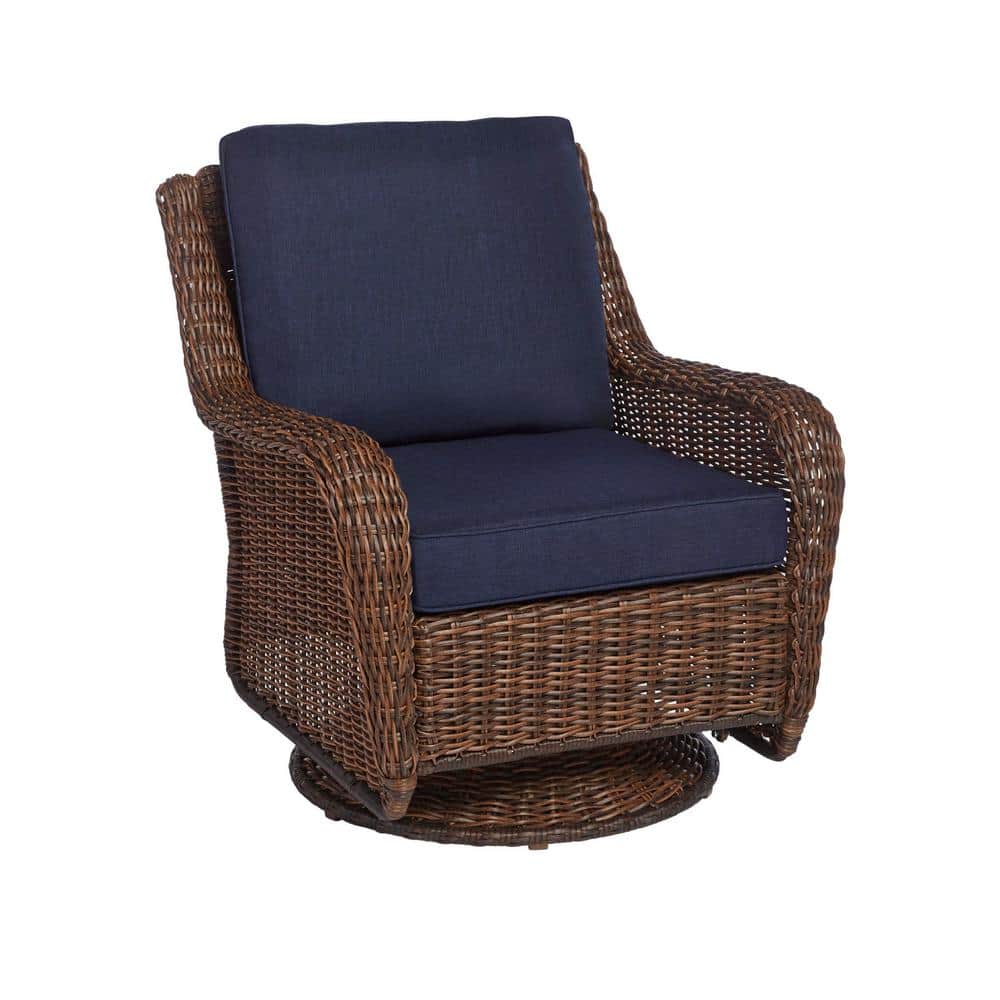 Hampton Bay Cambridge Brown Wicker Outdoor Patio Swivel Rocking Chair with CushionGuard Midnight Navy Blue Cushions 65-17148B4