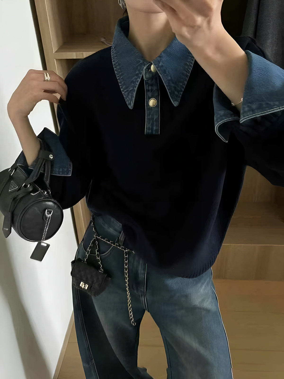 Pullover Sweater with Denim Collar and Metal Button Closure, Shift Fit