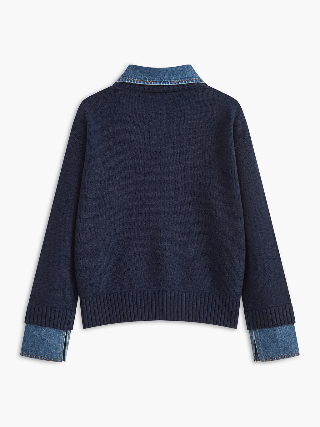 Pullover Sweater with Denim Collar and Metal Button Closure, Shift Fit