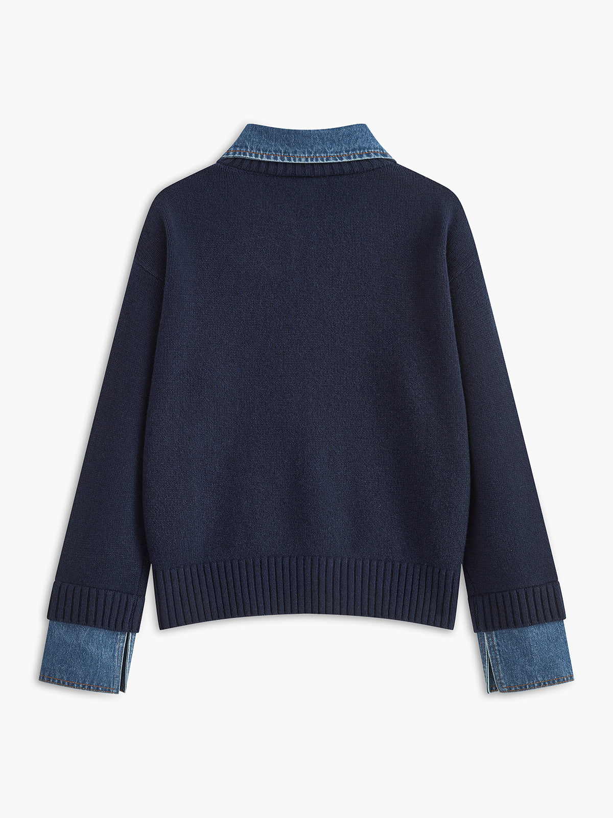 Pullover Sweater with Denim Collar and Metal Button Closure, Shift Fit