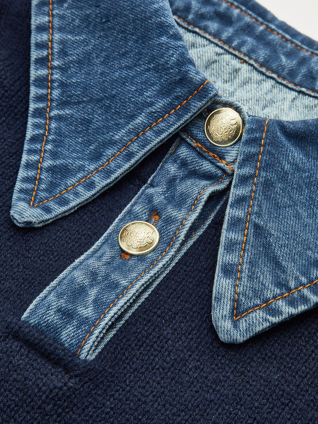 Pullover Sweater with Denim Collar and Metal Button Closure, Shift Fit