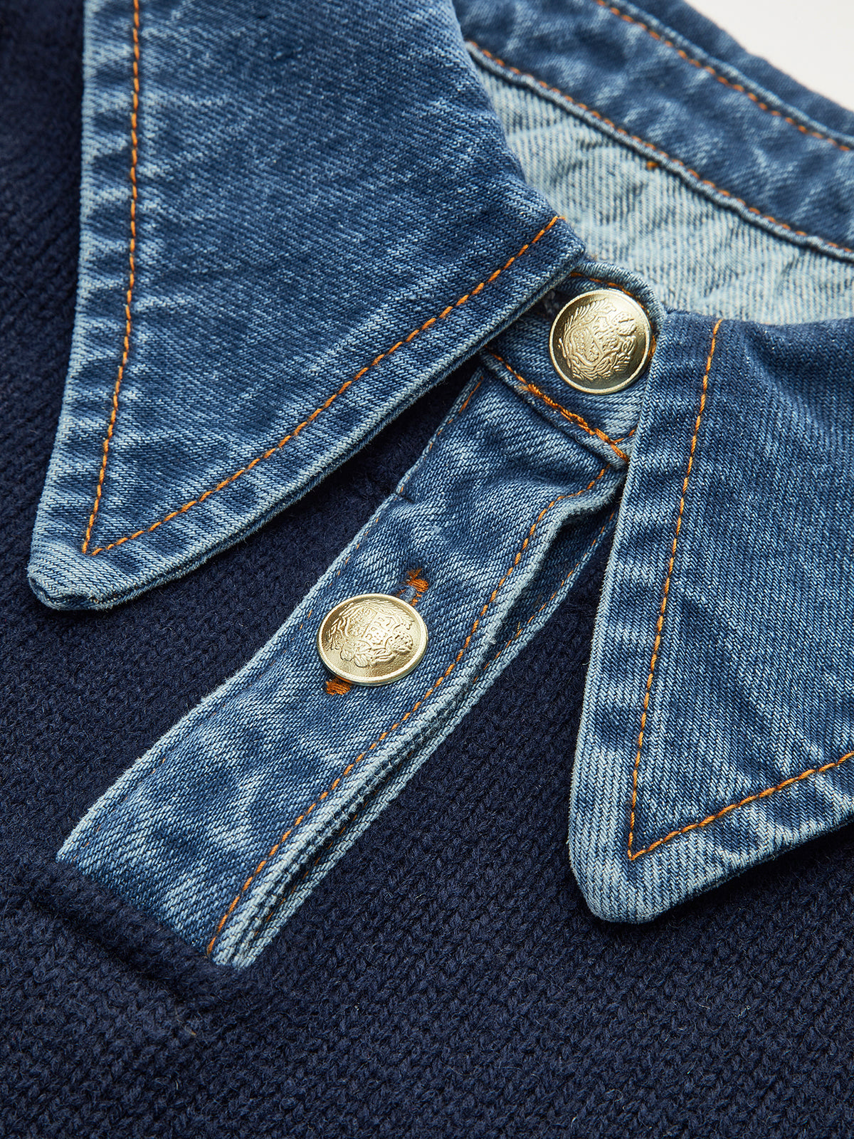Pullover Sweater with Denim Collar and Metal Button Closure, Shift Fit