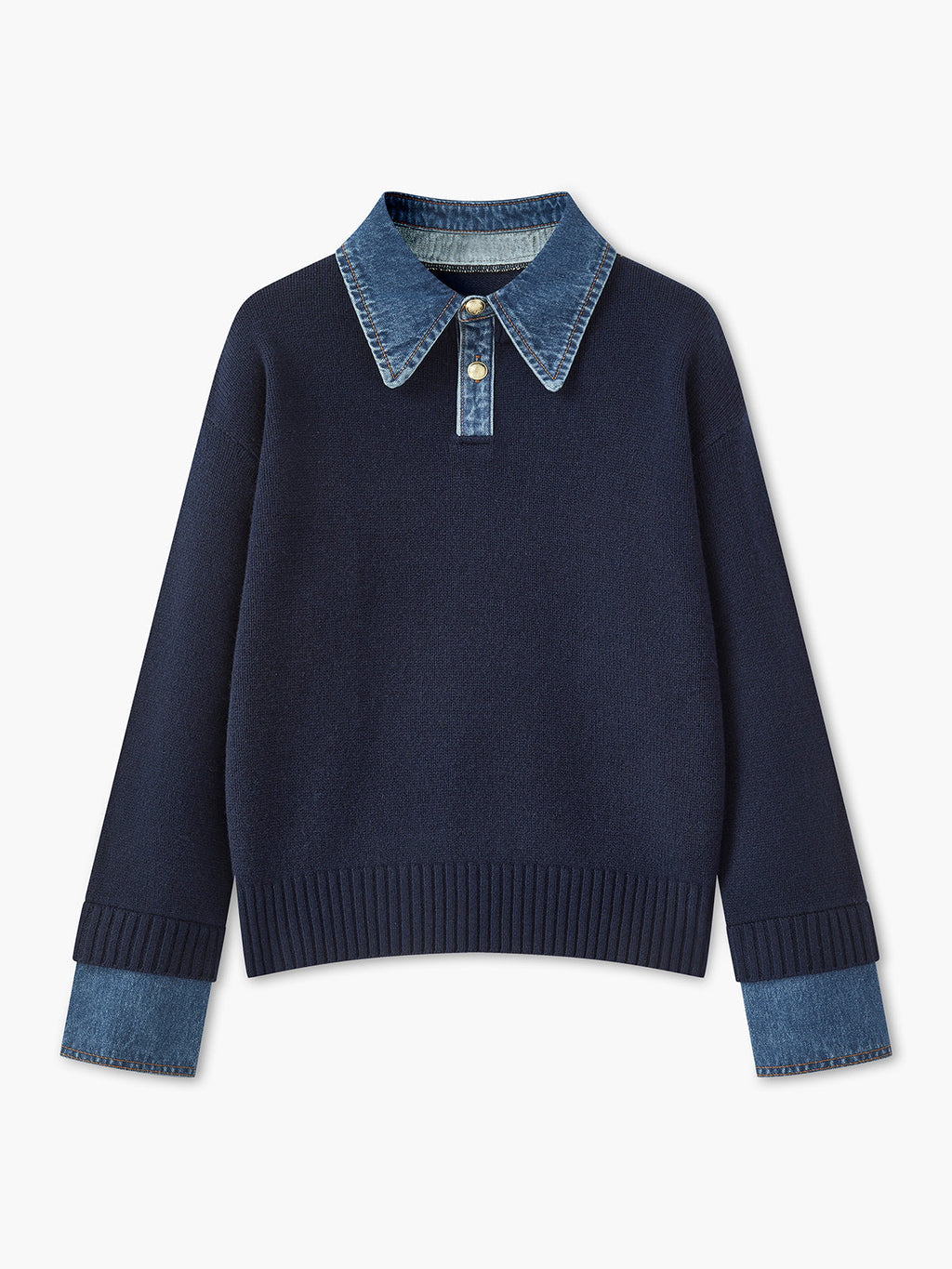 Pullover Sweater with Denim Collar and Metal Button Closure, Shift Fit