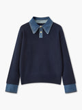 Pullover Sweater with Denim Collar and Metal Button Closure, Shift Fit
