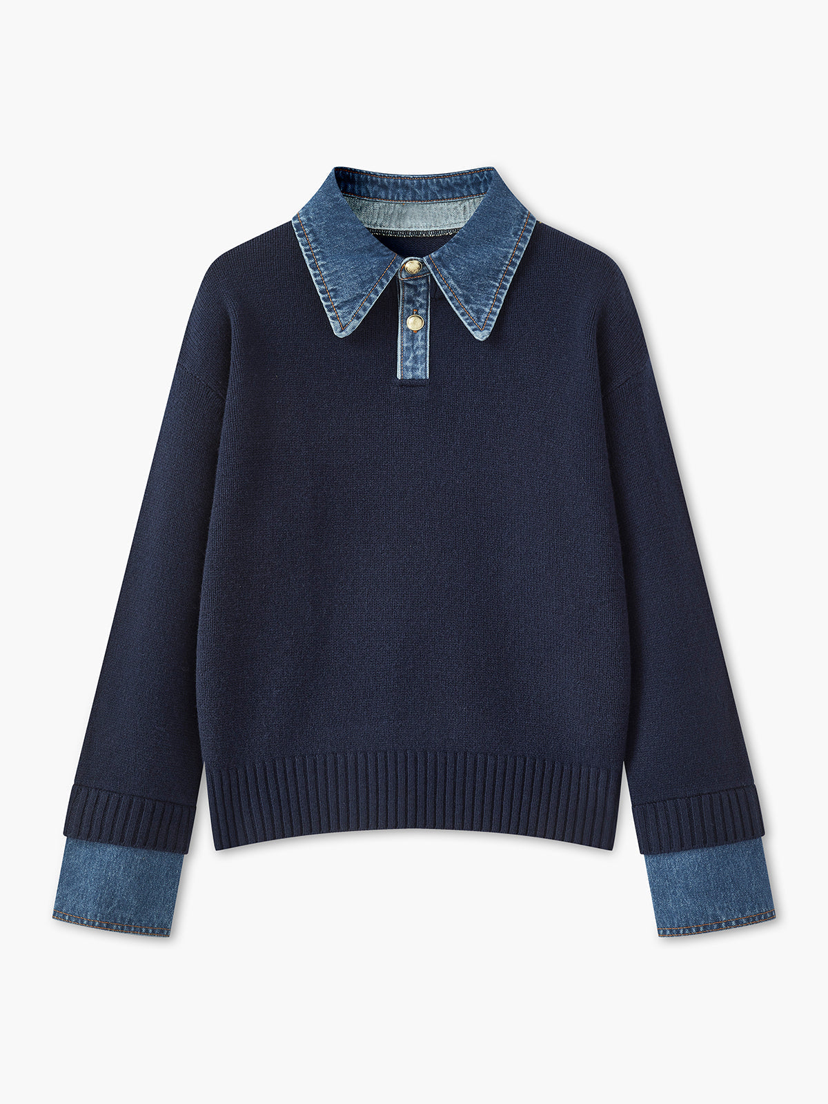 Pullover Sweater with Denim Collar and Metal Button Closure, Shift Fit