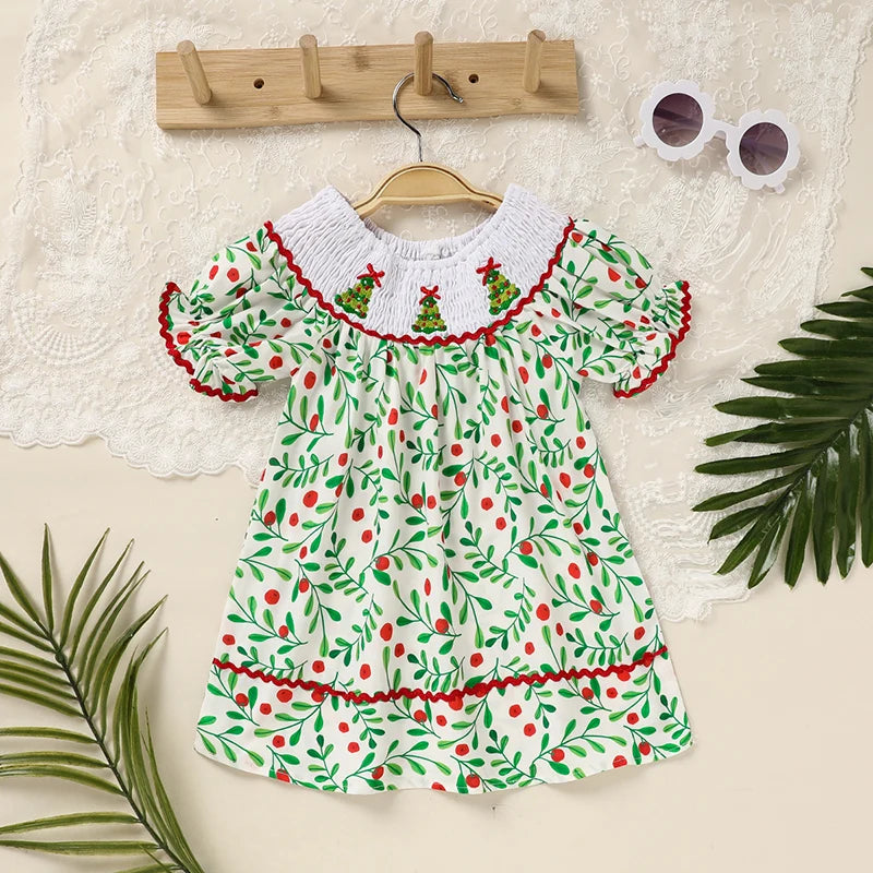 Toddler Infant Baby Girls Christmas Dress Short Sleeve Christmas Tree Embroidered Plaid Casual Party Dresses