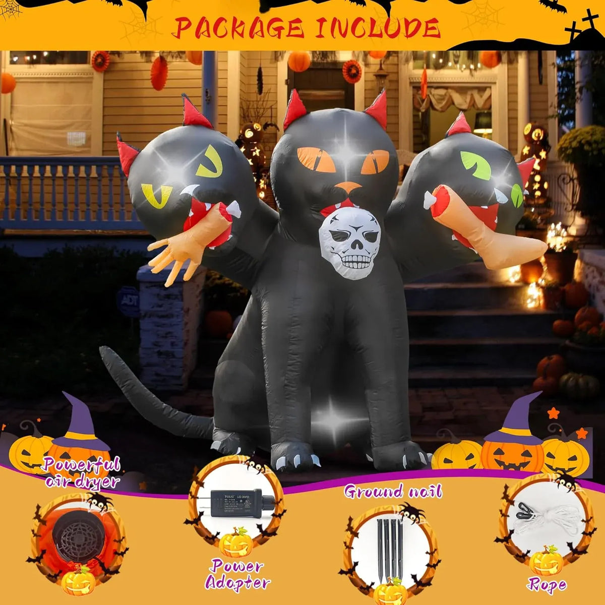 6.5 FT Halloween Inflatables Outdoor Black Cat with 3 Heads,Blow Up Yard Decoration with Magic Built-in LED Lights for Halloween Party Outdoor Yard Garden