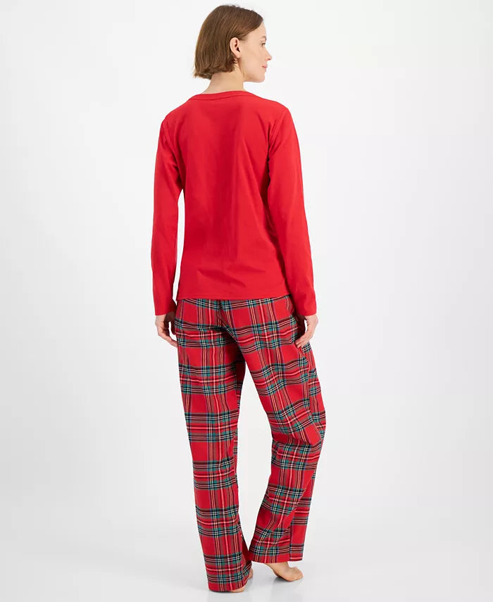 Plaid Pajama Set with Long Sleeve Crewneck Top and Drawstring Pants, Hip Pockets