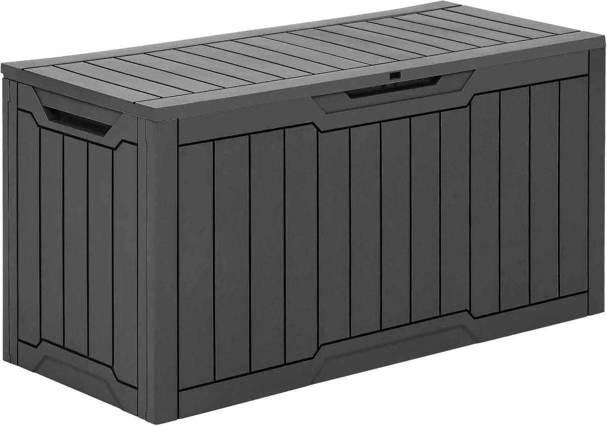 120 Gallon Outdoor Storage Deck Box with Cushion, Large Resin Patio Storage for Outdoor Pillows, Garden Tools and Pool-Supplies, Waterproof, Lockable (Taupe)