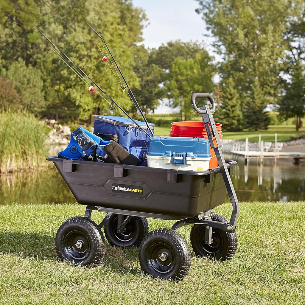 Heavy Duty Poly Utility Dump Wagon Garden Cart w/Pneumatic Tires, 6 Cu Ft - 1200 lb Capacity Outdoor Wheelbarrow for Yard, Landscaping & Gardening, Lawn Tractor or ATV Towable-Gorilla Carts