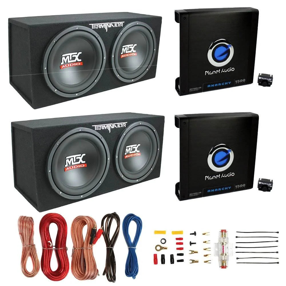 MTX TNE212D 12 Subwoofer (2 Pack) + Monoblock Amplifier (2 Pack) + Amp Wire Kit