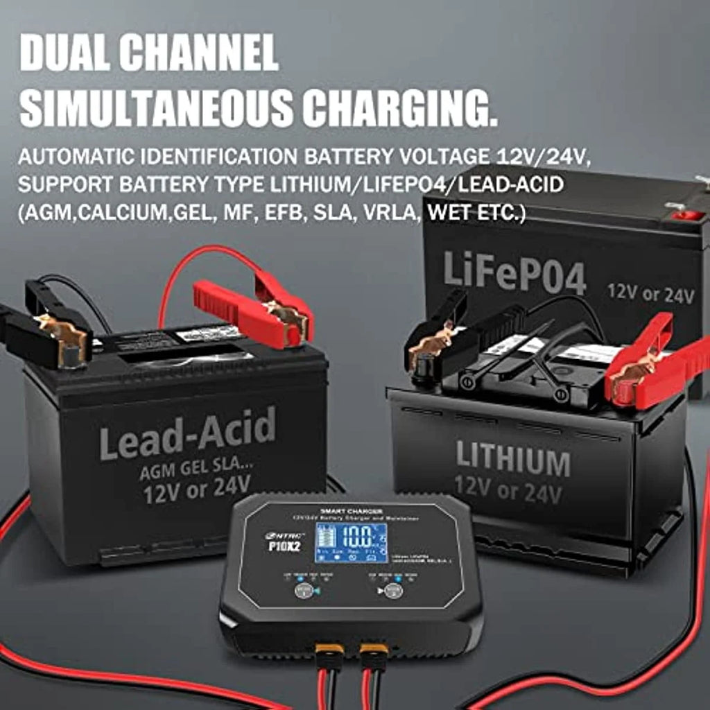 HTRC 20-Amp (10-Amp Per Bank) Dual Smart Charger,Car Battery Charger,12V and 24V,Lithium,LiFePO4,Lead-Acid(AGM/Gel/SLA..),Trickle Charger, Maintainer/deep Cycle Charger,for Boat,Motorcycle..
