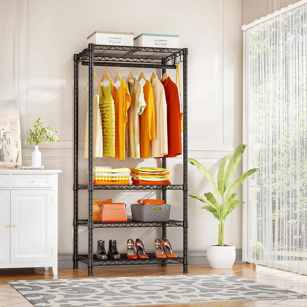 Ulif H4 Mini Portable Closet, 4 Tiers Freestanding Clothing Garment Rack for Small Space, Metal Clothes Wardrobe System for Bedroom, 23.6 W x 14 D x 76.4 H, Load 502 lbs, Black