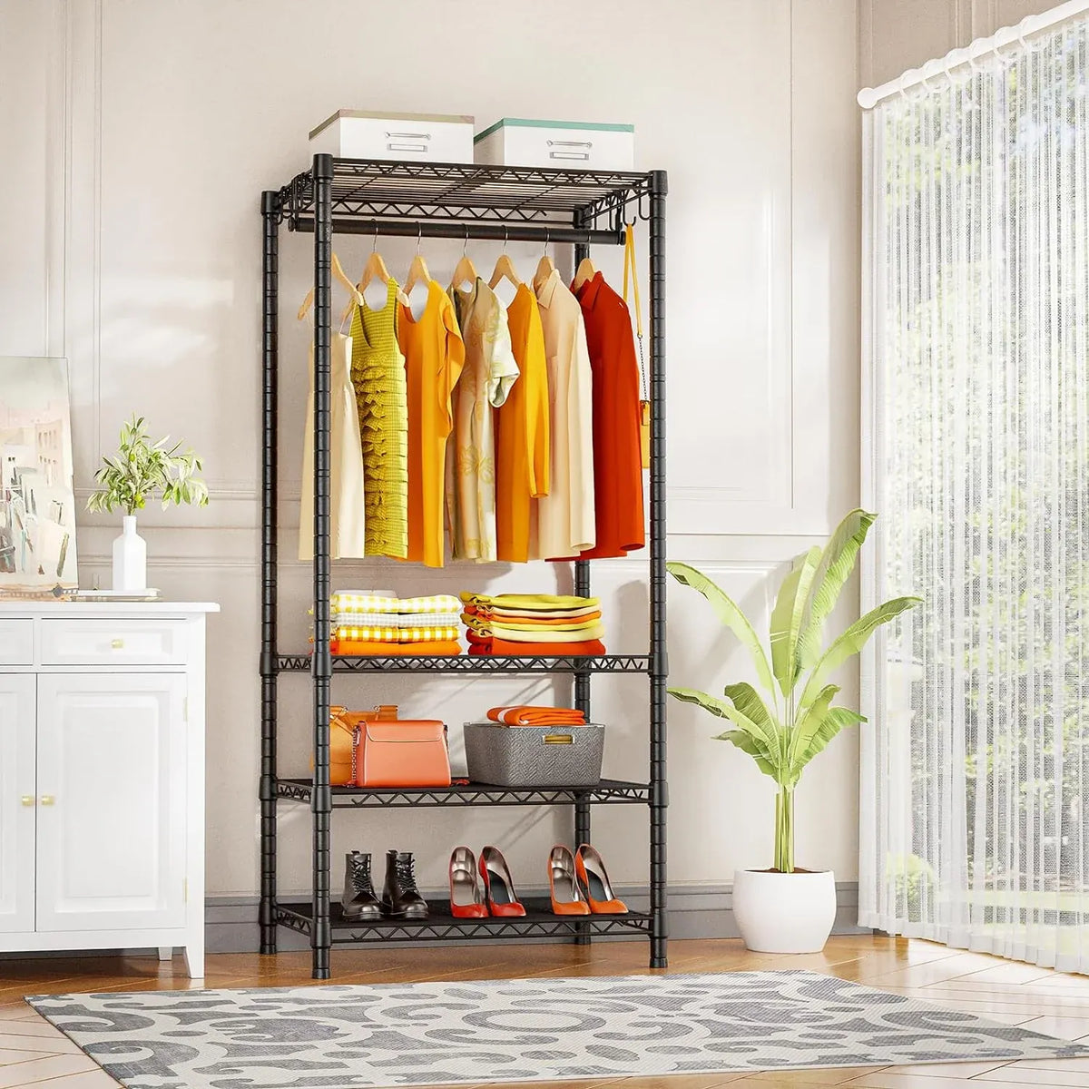 Ulif H4 Mini Portable Closet, 4 Tiers Freestanding Clothing Garment Rack for Small Space, Metal Clothes Wardrobe System for Bedroom, 23.6 W x 14 D x 76.4 H, Load 502 lbs, Black