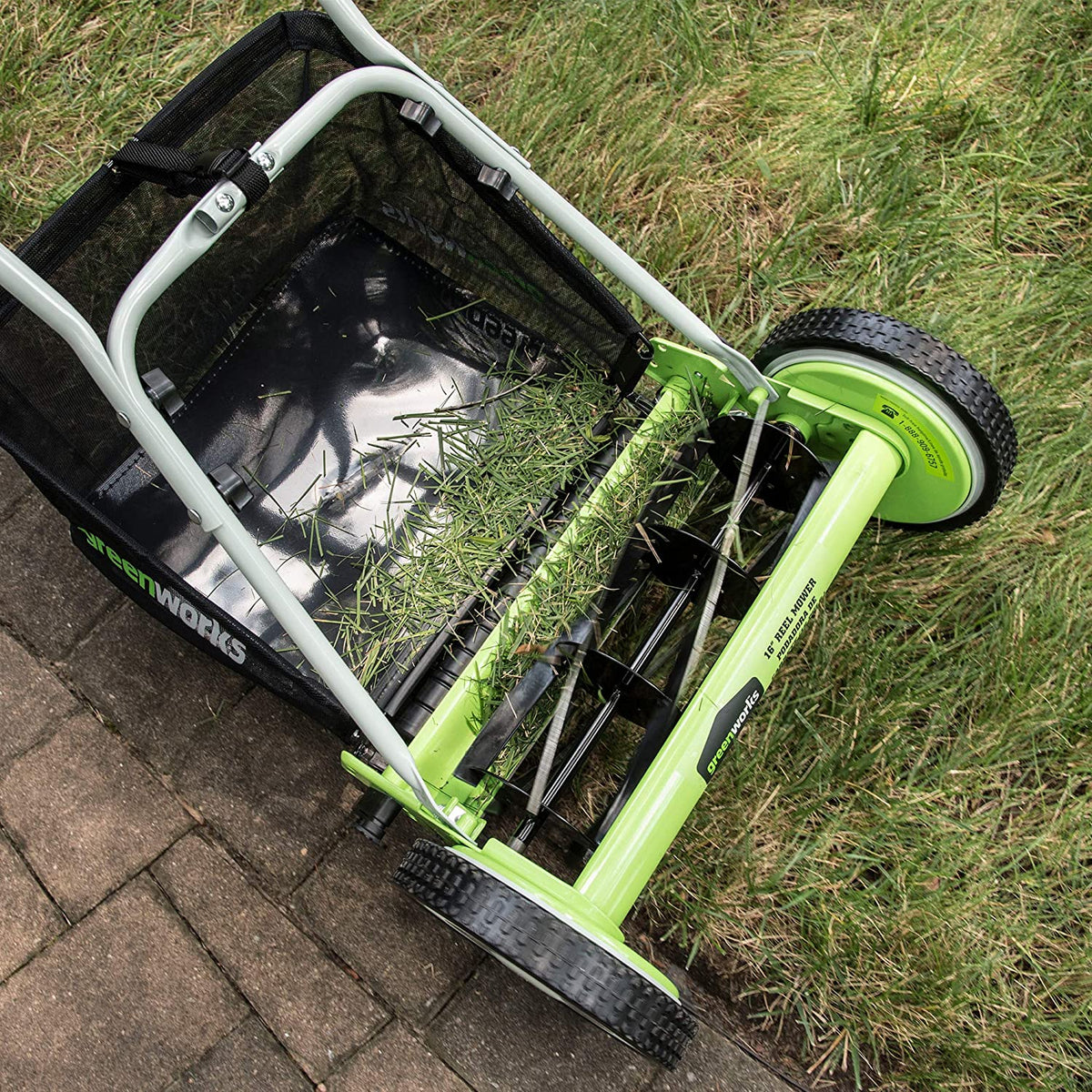 Greenworks 16-Inch Reel Lawn Mower with Grass Catcher 25052，Black/Green， 47D x 22W x 29.75H💝 Last Day For Clearance