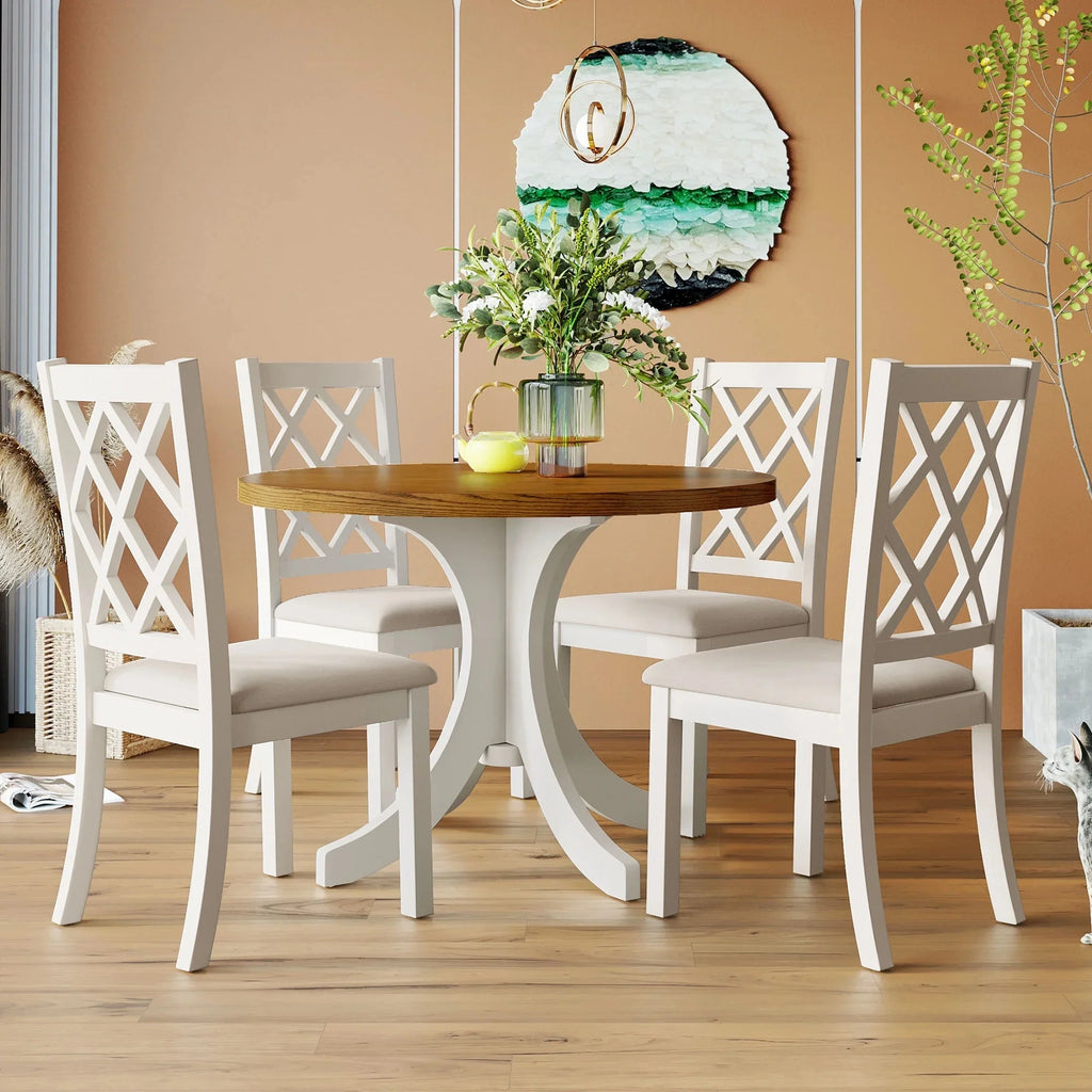 Llinc Store Mid-Century Solid Wood 5-Piece Round Dining Table Set for 4 Kitchen Table Set with Upholstered Chairs for Small Places Walnut Table+Beige Chair