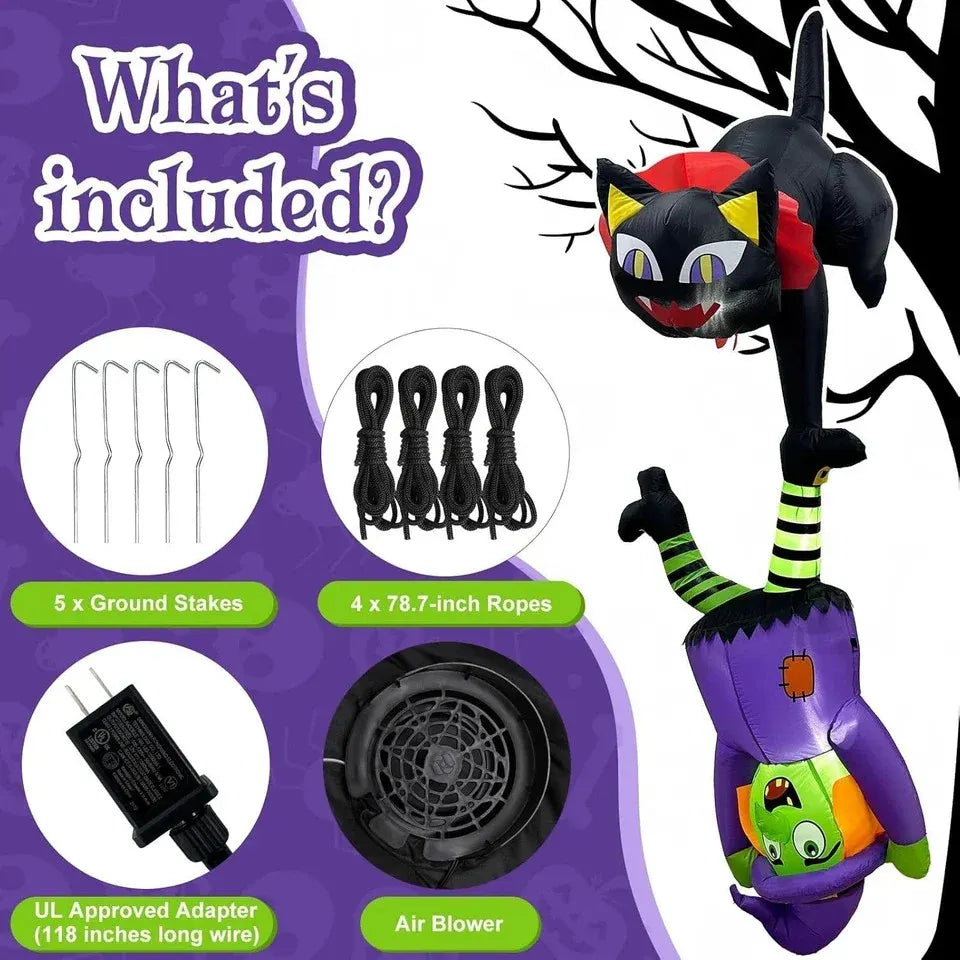 8FT Halloween Inflatables Outdoor Decorations, Cat and Witch Halloween Blow up Y